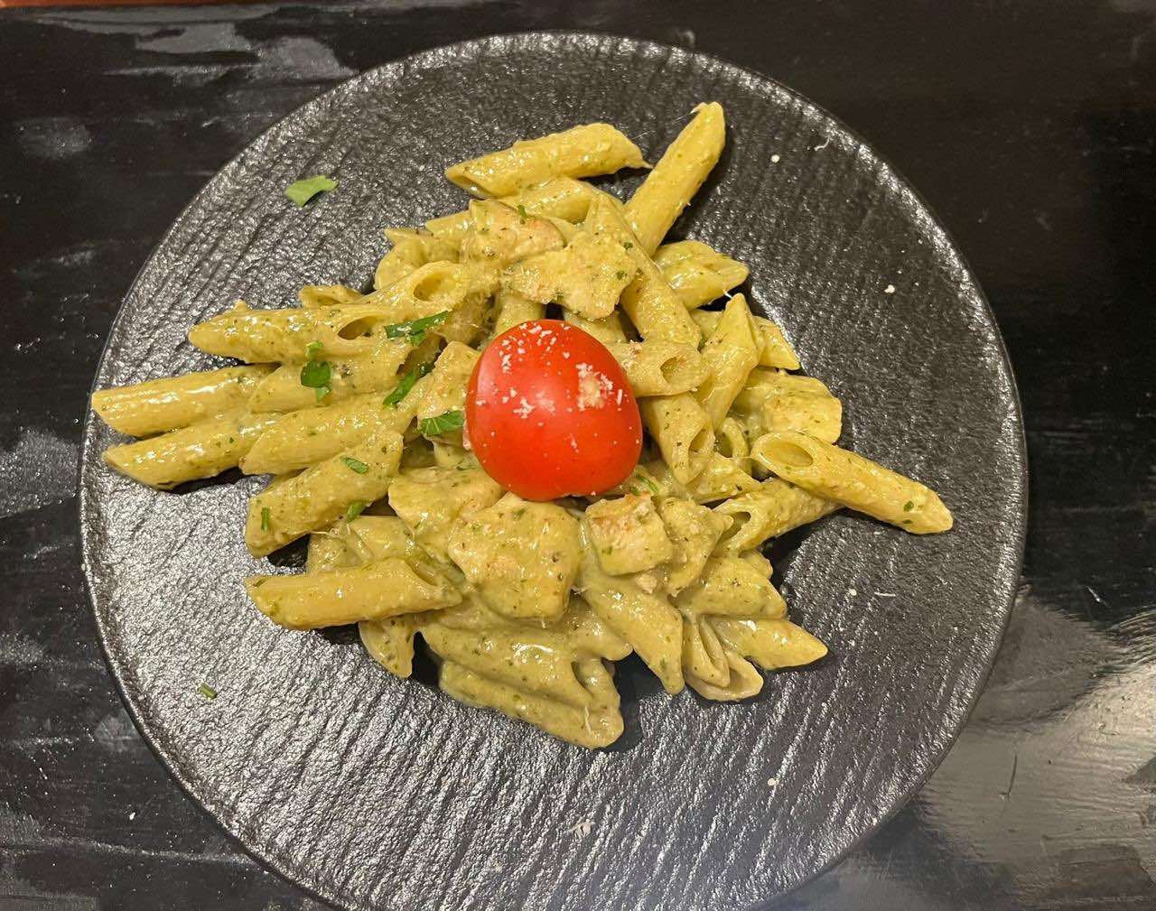 Pesto pasta with chicken and cherry tomato